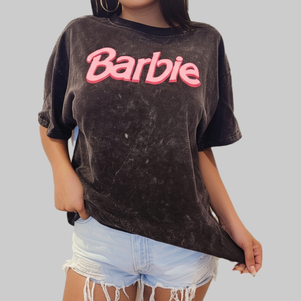 XS Vintage-style 100% Cotton Barbie Print Charcoal Grey Oversized T-Shirt